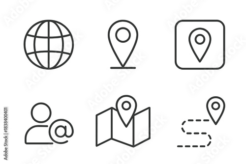 Map location icons: globe, marker, user, route mapping symbols