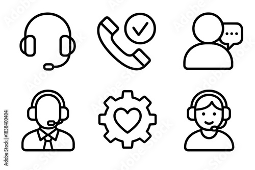 Customer support icons: headset, phone, communication, gear, heart, female