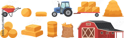 Cartoon farm equipment and hay set with tractor, trailer, barn, wheelbarrow, and bales for agriculture and rural themes.