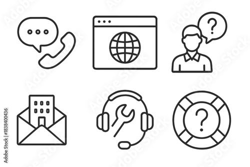 Customer support icons: communication, web, user inquiry, email, tools, help