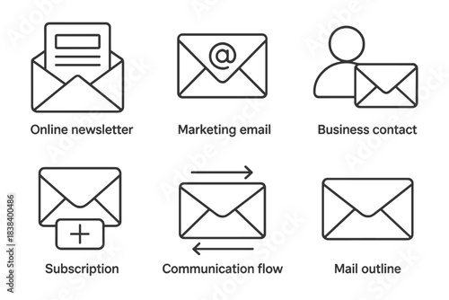 Email communication icons: newsletter, marketing, business, subscription, flow, outline