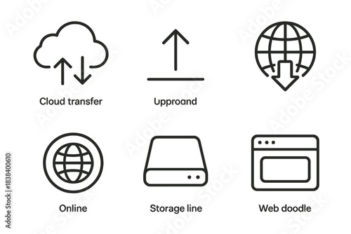 Set of six black line icons: storage, cloud transfer, up arrow, globe, and website