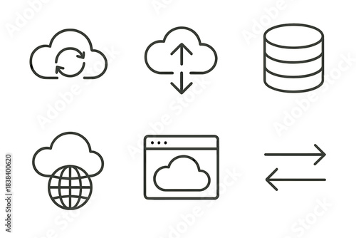 Cloud computing icons: synchronization, database, data transfer, browser interface