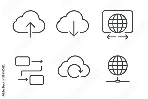 Cloud computing icons: upload, download, synchronization, global network, data flow