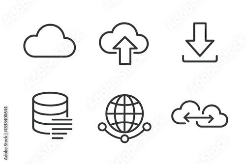 Cloud computing icons: upload, download, data storage, global connectivity