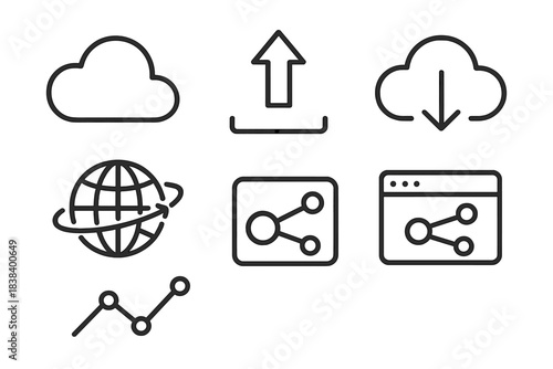 Cloud and internet connection icons: upload, download, share, network, data analysis