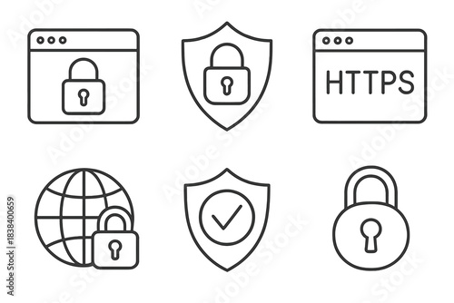 Cybersecurity icons set: lock, shield, internet, secure https