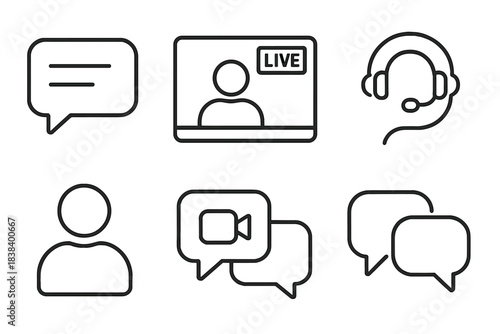 Communication icons: chat, video, live stream, customer service headset