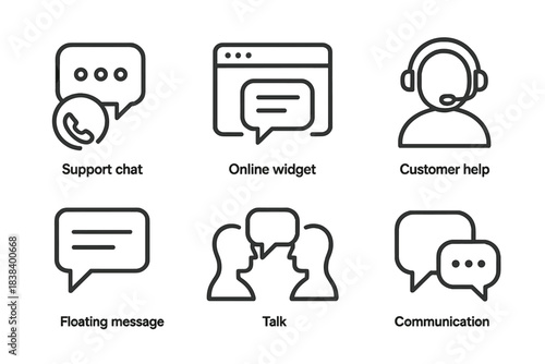 Online communication icons: support chat, customer help, talk, floating message