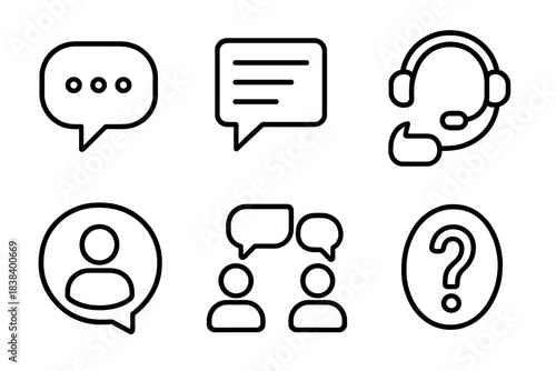 Communication icons: chat bubbles, headset, user profile, conversation, question