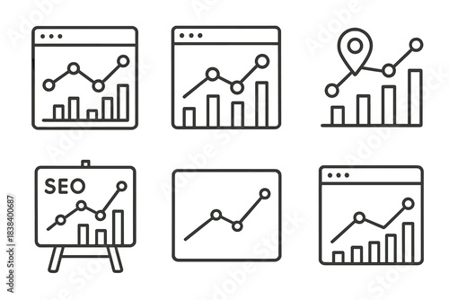 Set of line icons representing seo and data analytics charts and graphs