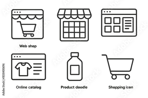 E-commerce icons set: web shop, online catalog, product doodle, shopping cart
