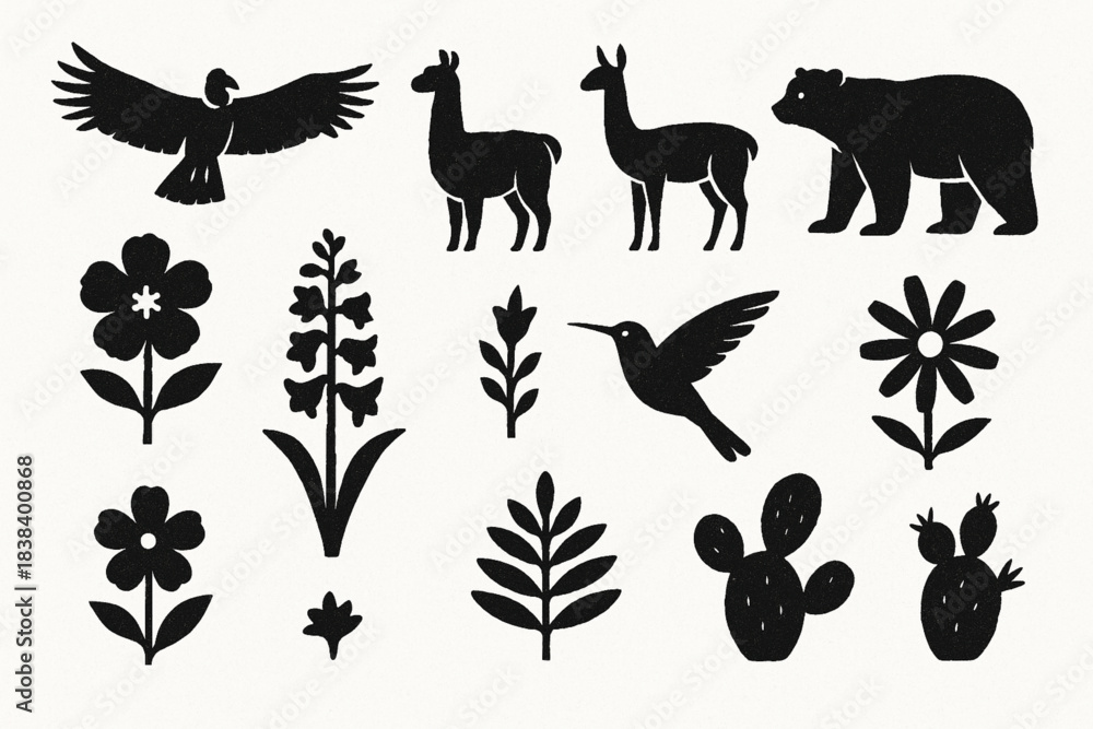 Fototapeta premium Peruvian flora and fauna vector silhouettes in torn textured simple grid on white background