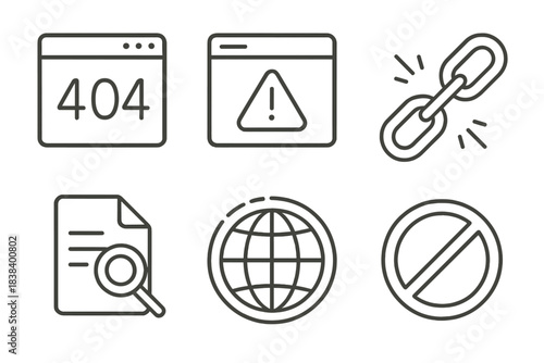 Set of website error icons including 404 page, warning, broken link, and search globe