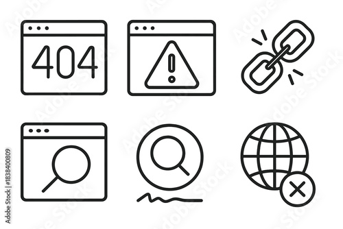 Web error icons: 404, warning, broken link, search, global issue symbols