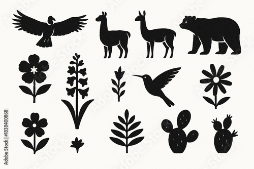 Peruvian flora and fauna vector silhouettes in torn textured simple grid on white background