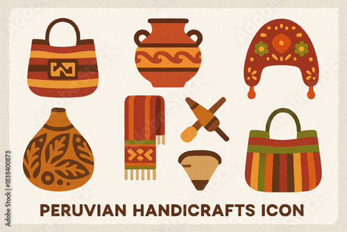 Peruvian handicrafts vector icons in torn textured symmetric grid on white background