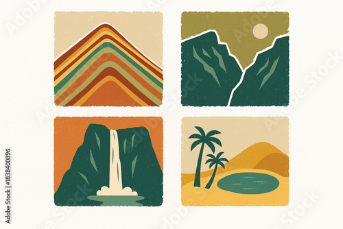 Peruvian natural wonders vector icons in torn textured grid on white background