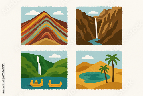 Peruvian natural wonders vector icons in torn textured grid on white background