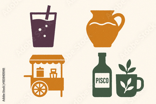Peruvian traditional drinks vector icons in torn textured neat grid on white background