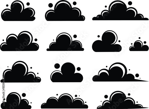 Collection of stylized black cloud icons on a white background, ideal for weather apps, graphic design, and digital art projects