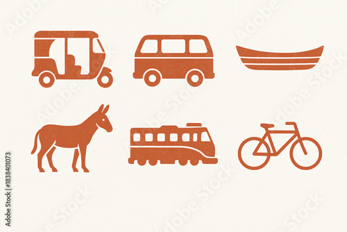 Peruvian transportation vector icons in torn textured tidy grid on white background