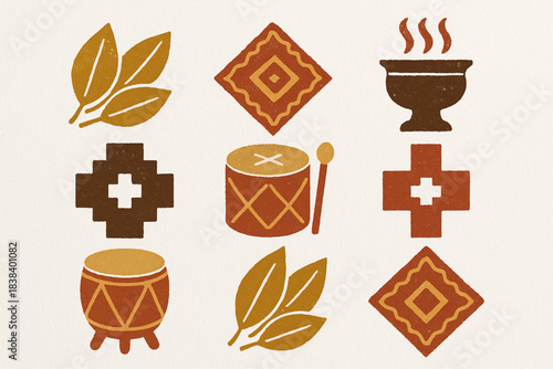 Peruvian traditional rituals vector icons in torn textured geometric grid on white background
