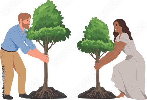 Cartoon illustration of two people planting trees with exposed roots for nature, teamwork, and environmental care themes.