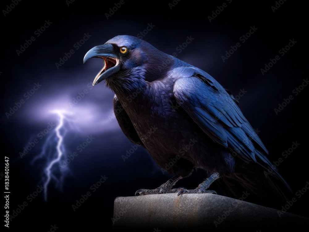 Fototapeta premium Raven squawking during dark stormy night with lightning