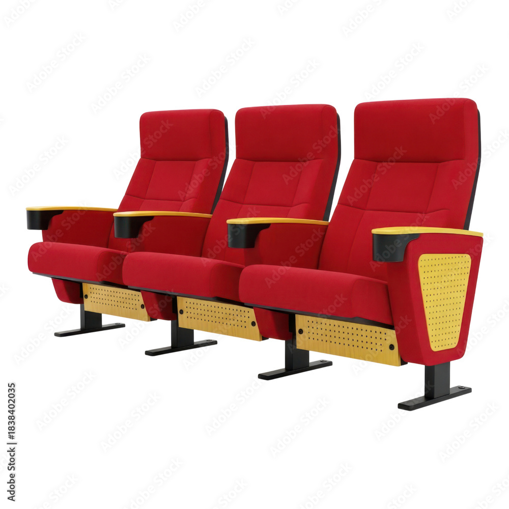 Obraz premium Three red cinema or theater seats with yellow accents isolated on transparent background