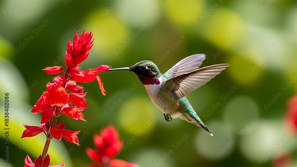 Naklejka premium Rubythroated hummingbird feeding on bright red salvia flower in flight