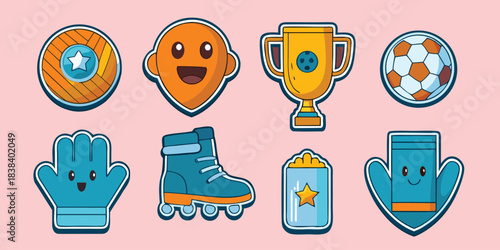 Cute soccer sticker sheet collection, kawaii cartoon vector illustrations of football elements, trophy and fan gear with white border.