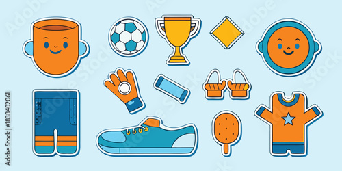 Cute soccer sticker sheet collection, kawaii cartoon vector illustrations of football elements, trophy and fan gear with white border.
