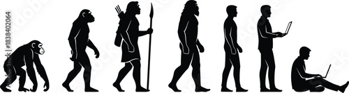 Human Evolution from Primitive Ape to Modern Digital Worker Silhouette Illustrating Technological and Societal Progress and Adaptation