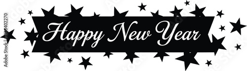 Black and white graphic banner featuring elegant script text wishing happy new year surrounded by scattered star shapes for celebration design