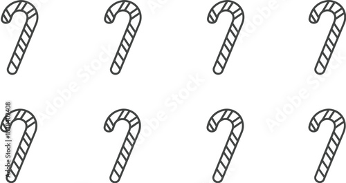 Eight simple black and white outline icons of traditional striped candy canes arranged in two neat rows on a white background