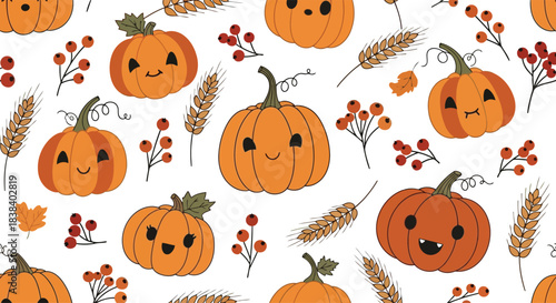 Cute cartoon pumpkins with autumn leaves and berries seamless pattern