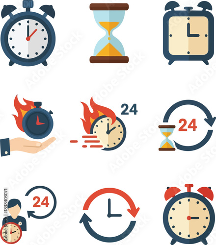 Time management concepts icons set alarm clock hourglass stopwatch speed deadline countdown timer collection vector