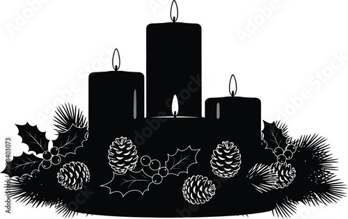 Black and white silhouette of an advent wreath with three lit candles surrounded by holly pine cones and evergreen branches