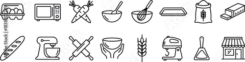 Baking and cooking icons set, kitchen tools and ingredients illustrations, bakery equipment symbols, food preparation graphics for culinary and bakery projects
