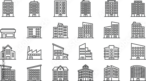 Building icons set, modern architecture illustration collection, commercial and residential structures, office towers and urban real estate graphics for design projects