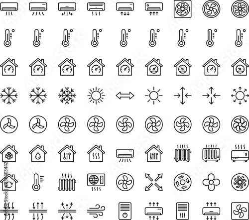 HVAC air conditioning heating cooling ventilation icons set, climate control system symbols, temperature regulation and airflow vector illustration for design