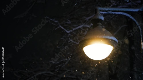 Vintage street lamp with a soft glow, dusted with snow, casting a warm light on the falling snowflakes during a winter storm in a serene park or garden on a chilly, tranquil night