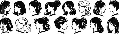Professional vector silhouettes of diverse men and women's hairstyles, illustrating beauty, hair fashion, and salon studio icons for branding and graphic design projects.