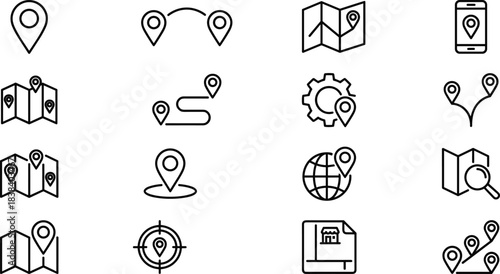 Location icons set, map and navigation illustration collection, GPS route symbols, global positioning graphics, travel direction elements and geolocation tracking concepts