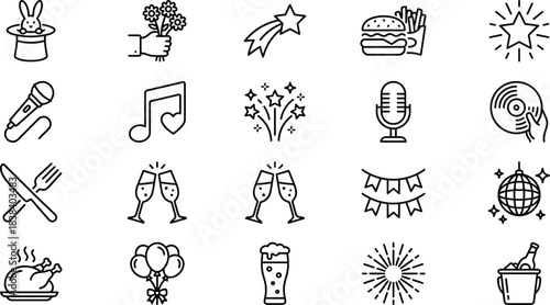 Party and celebration icons set, entertainment and festive illustration collection, music food drink symbols, holiday event graphics with fireworks decorations and celebration elements