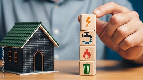 Home energy and utility costs concept with house model and dice