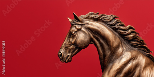 A detailed bronze horse sculpture in profile with flowing mane against a deep red background, highlighting texture and classical elegance.