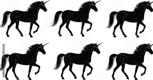 Set of six magical unicorn silhouettes walking in various poses, black vector icons representing fantasy, mythology, dreams, and enchanted creature concepts.