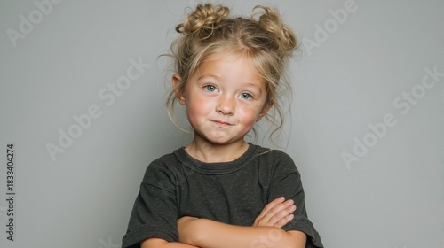 Cute young girl, funny smiling child with messy hair and crossed arms on gray background